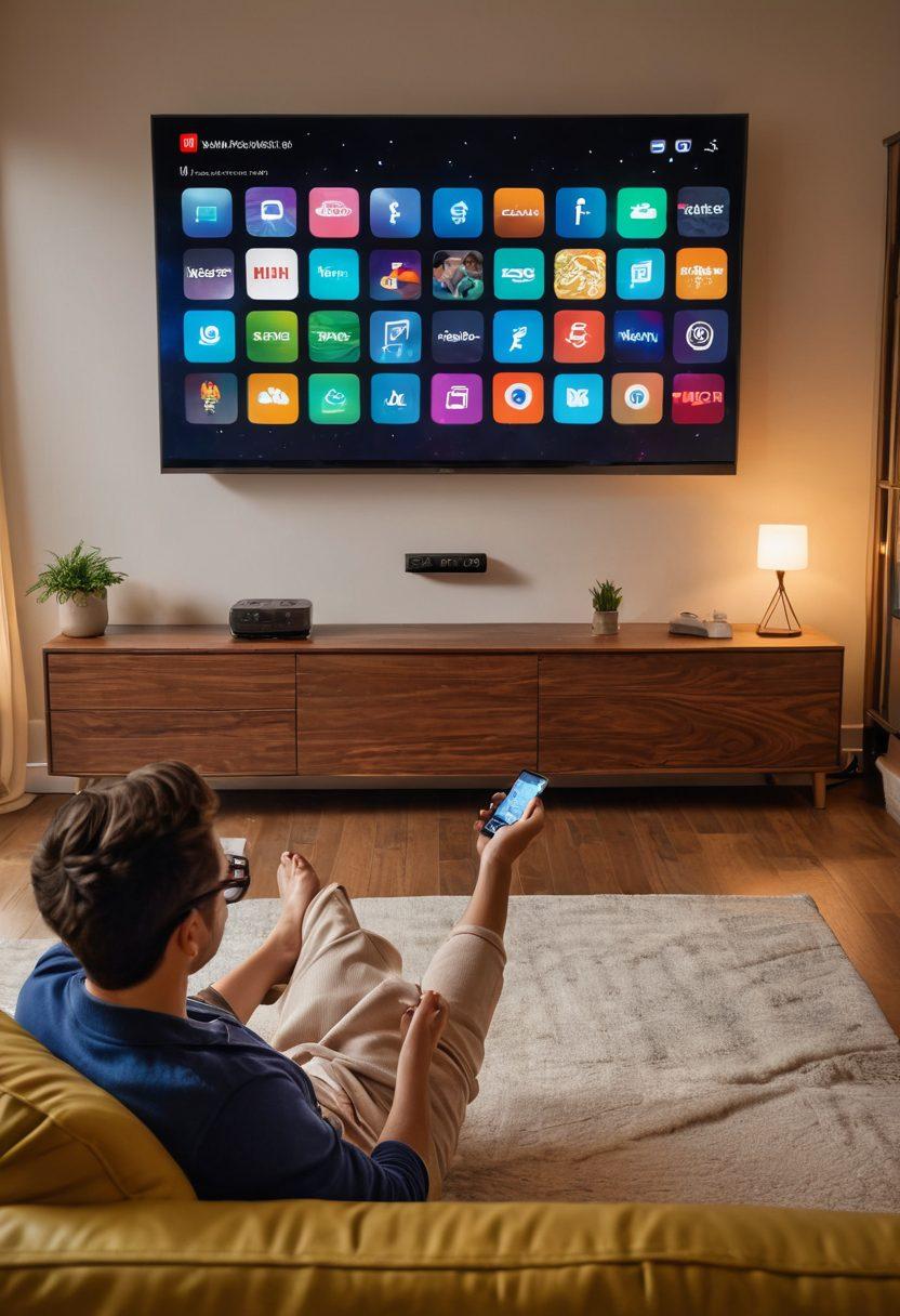 A person sitting comfortably on a modern couch with a remote in hand, surrounded by floating luminous icons of various popular TV series and streaming platform logos like Netflix, Hulu, and Disney+, against a cozy living room setting with a large-screen TV in the background. vibrant colors. super-realistic.