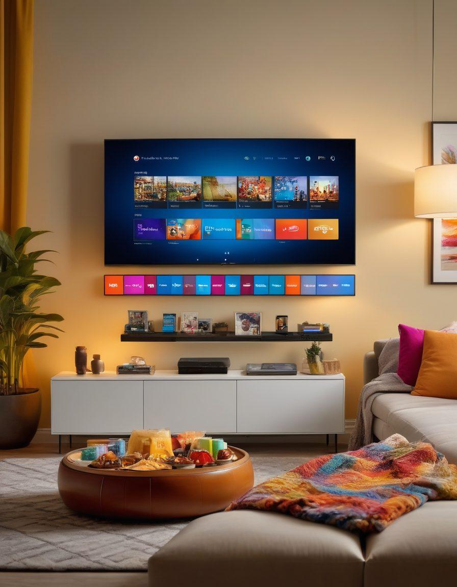 An inviting cozy living room with a large wall-mounted smart TV. The TV screen showcases a vibrant streaming service user interface filled with popular TV show thumbnails. A comfy sofa with blankets, snacks, and a glowing lamp in the background. Super-realistic. Vibrant colors. Warm lighting.