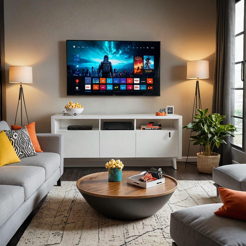 An inviting living room with a modern smart TV mounted on the wall, displaying vibrant scenes from various top TV shows across different genres. A cozy couch with plush cushions, a bowl of popcorn, and a remote control nearby. A window allows subtle natural light in, enhancing the atmosphere. super-realistic. vibrant colors. cozy ambiance.
